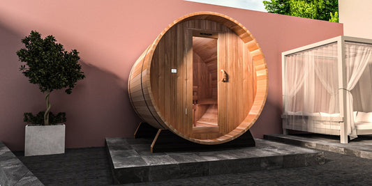 Scandia cedar barrel sauna with canopy on an outdoor patio