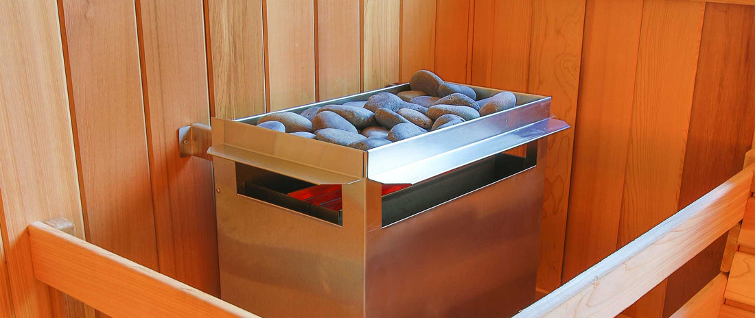 Scandia electric sauna heater with sauna rocks inside a cedar sauna