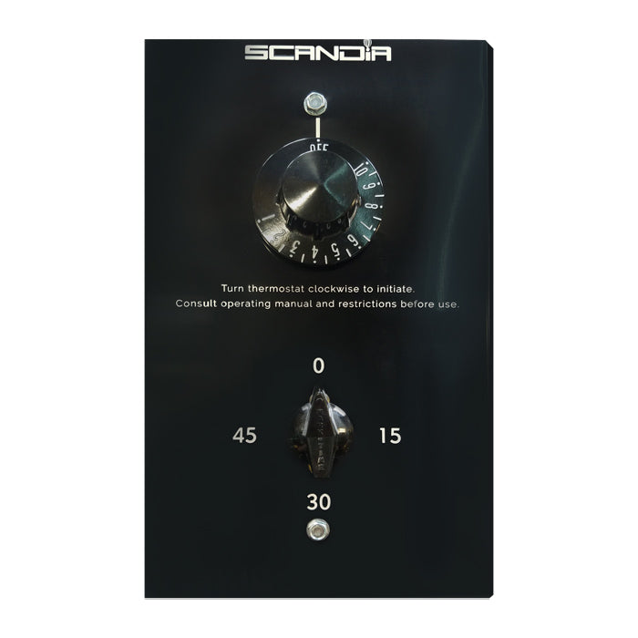 Scandia F/G replacement face plate for sauna heater controls, shown with thermostat and timer knobs (knobs not included)