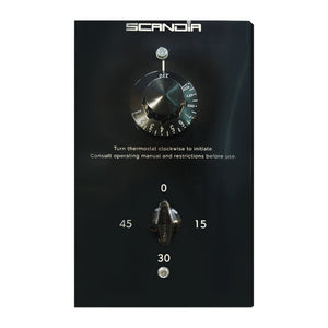 Scandia F/G replacement face plate for sauna heater controls, shown with thermostat and timer knobs (knobs not included)