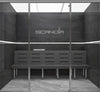 Scandia Advanced Hybrid Steam Room with glass front, bench and slate-look printed walls