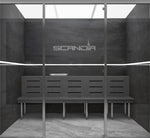 Scandia Advanced Hybrid Steam Room with glass front, bench and slate-look printed walls