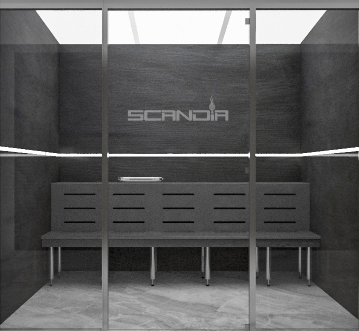 Scandia Advanced Hybrid Steam Room with glass front, bench and slate-look printed walls
