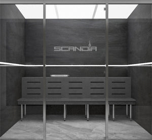 Scandia Advanced Hybrid Steam Room with glass front, bench and slate-look printed walls